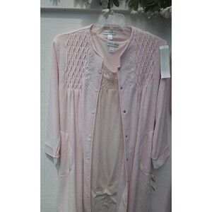 NEW Miss Elaine Pink Brushed-Back Terry Short Button-Up Robe And Nightgown Set